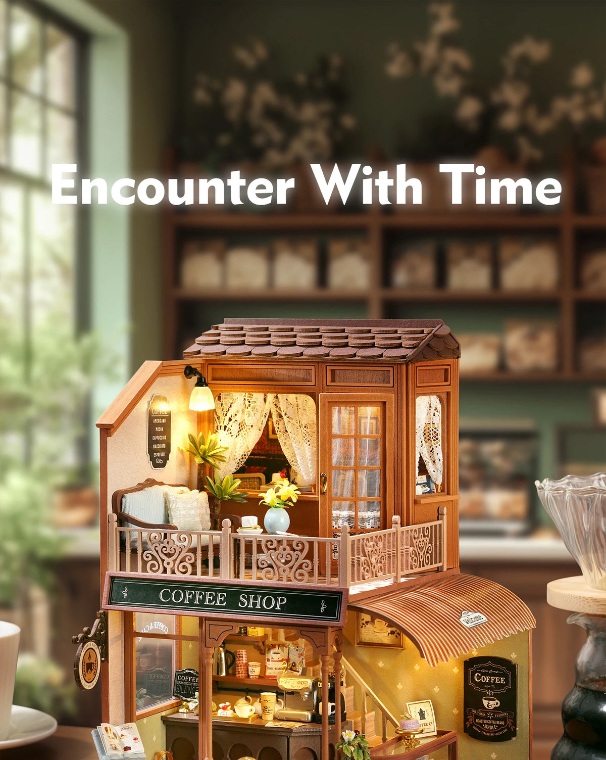 A detailed wooden miniature dollhouse shop with an open facade and interior display.