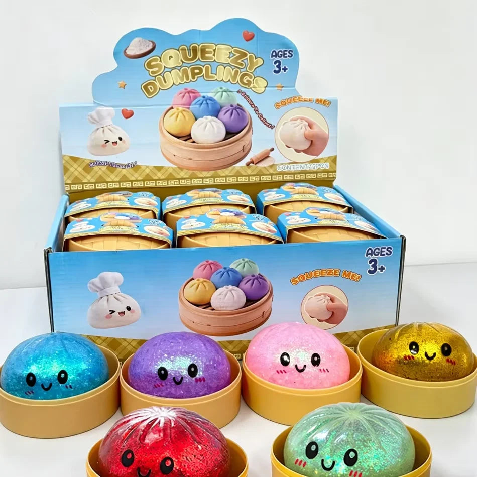 A collection of colorful glitter dumpling squishy stress relief toys in various shades and shapes.