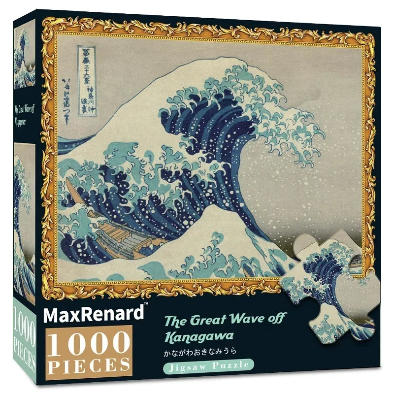 A 1000-piece jigsaw puzzle depicting a large blue wave crashing against a cliff face.