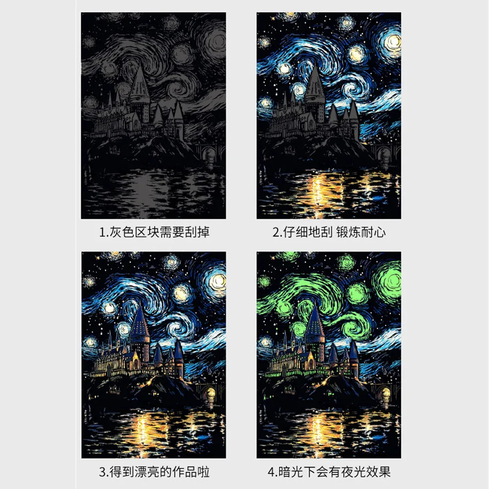 Four examples of glow-in-the-dark scratch art featuring a castle silhouette against a night sky.