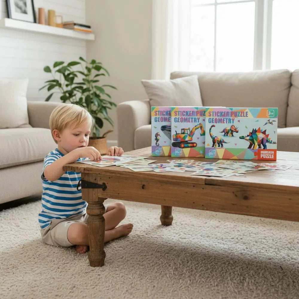 A young boy is sitting at a wooden table working on a sticker puzzle book featuring geometric animals.