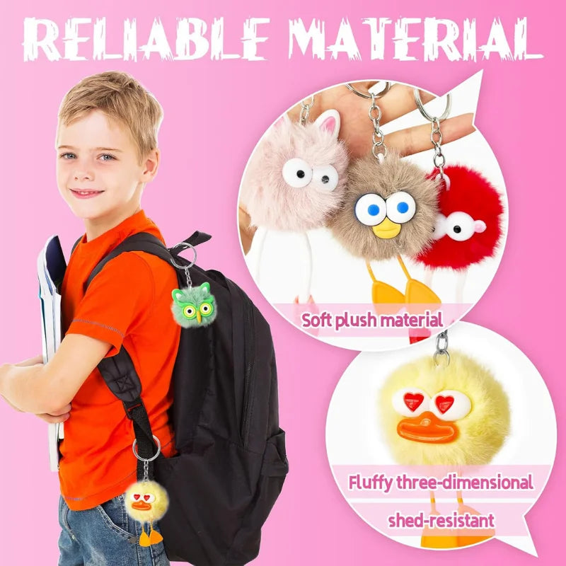 A boy is shown with a backpack, next to various soft plush animal keychains including a pink, brown, and red fuzzy bear.