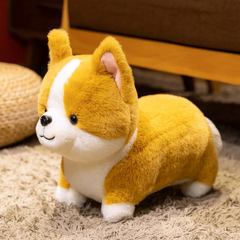 A fluffy yellow and white Corgi plush toy sitting on a beige carpet.
