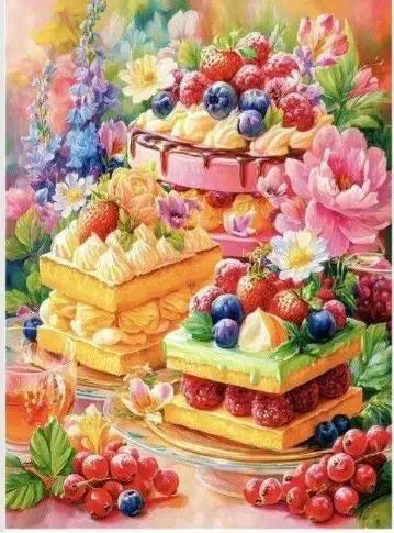 A colorful arrangement of sweet desserts including cupcakes, watermelon, and strawberries for a diamond painting kit.