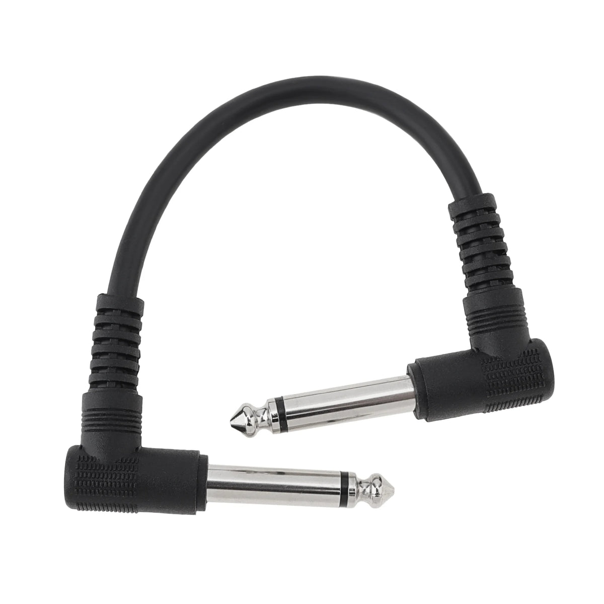 Black coiled cable with a silver connector and padded end for a guitar pedalboard