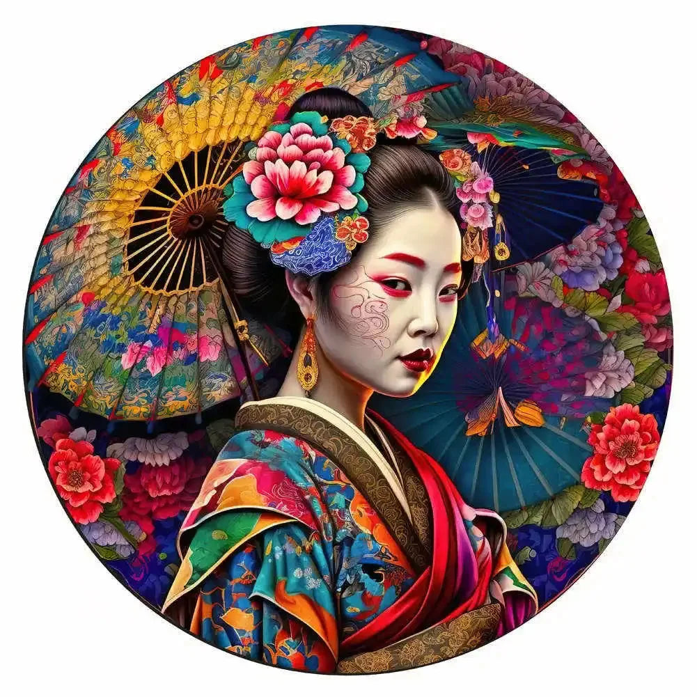 A portrait of a woman with elaborate traditional makeup and hair, framed by colorful, fan-like floral patterns.