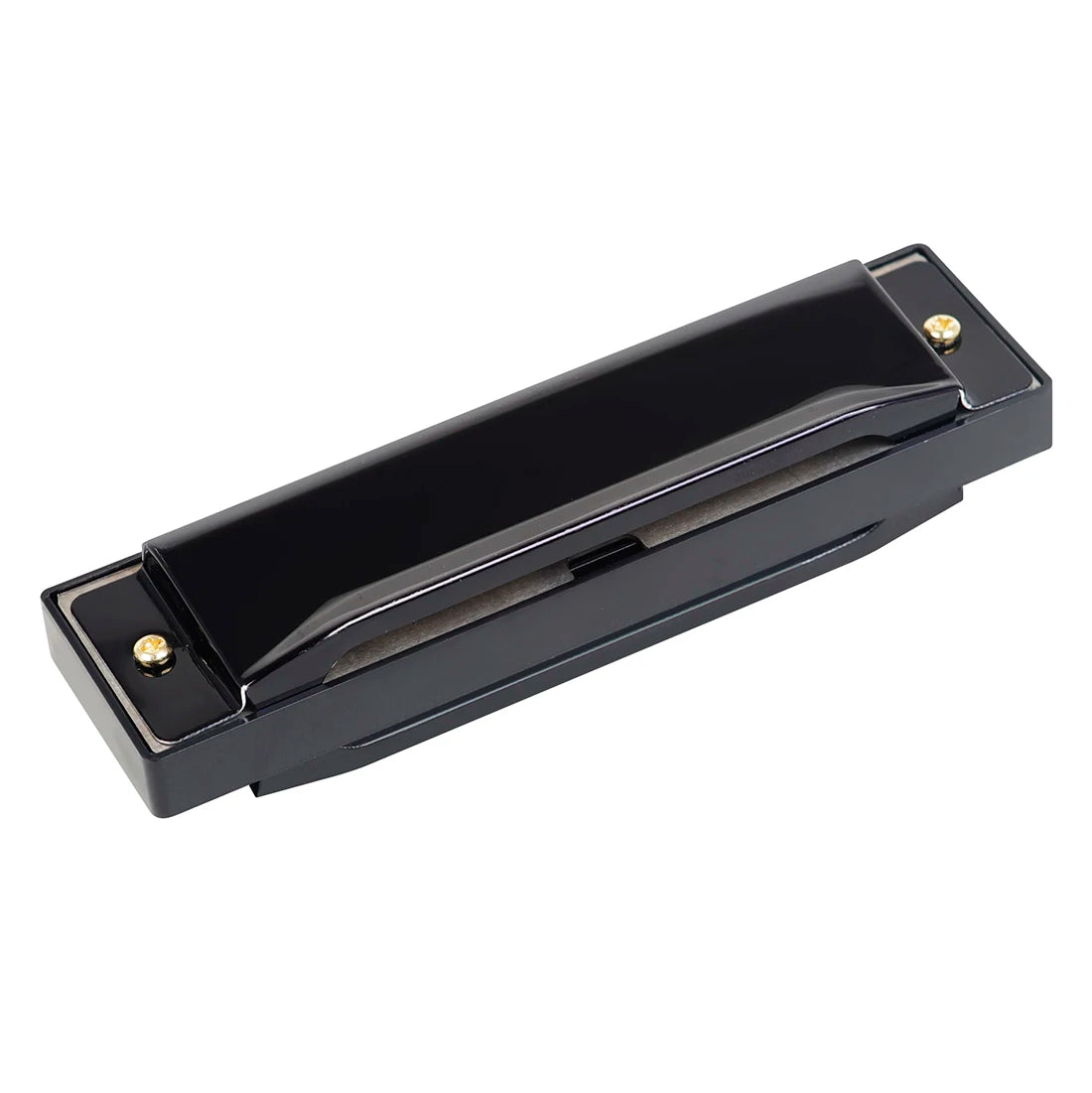 Black harmonica with a colorful metal shell and silver accents.