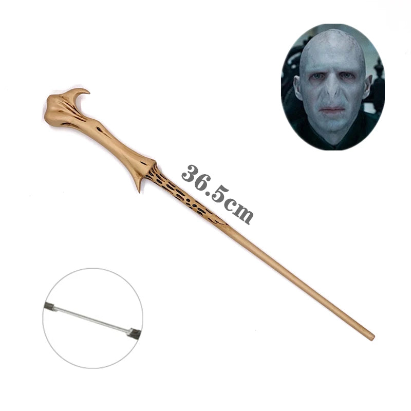A golden metal magic wand with a bone-like handle and a small silver tip, shown next to a portrait of a man.