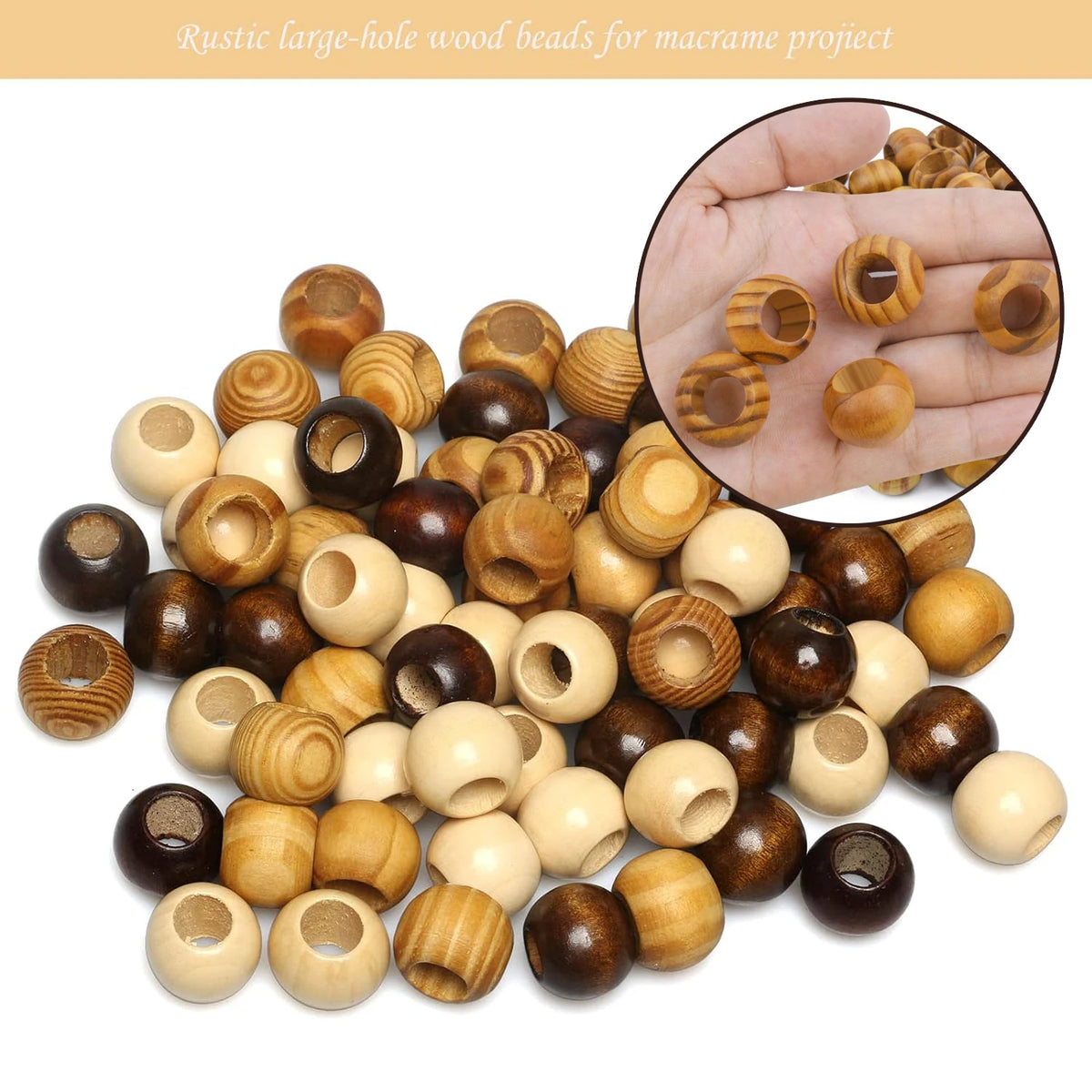 A collection of rustic large-hole wooden beads in various natural wood tones for macrame and jewelry projects.