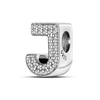 A sterling silver alphabet charm shaped like the letter J, encrusted with cubic zirconia stones.