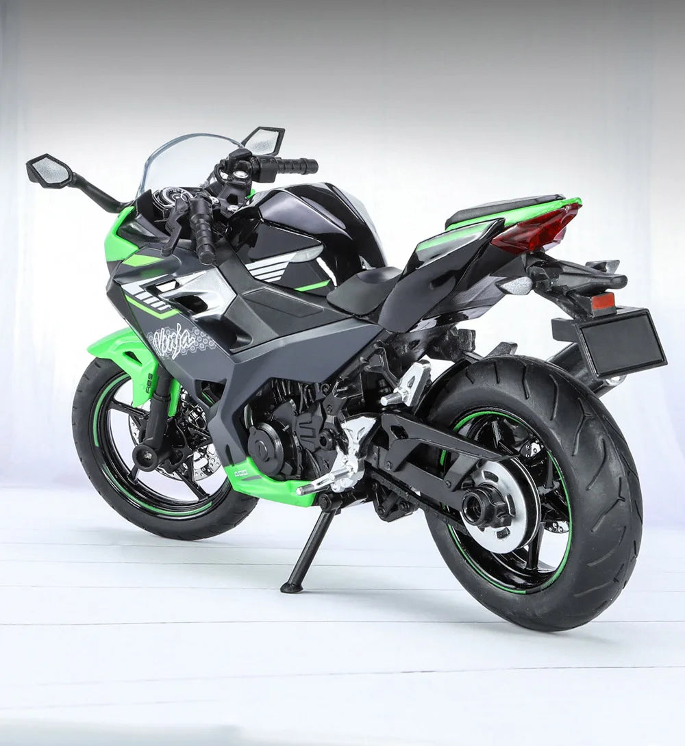 A black and lime green 1:12 scale Ninja motorcycle diecast model with lights and sound.