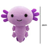 A soft purple axolotl plush toy with pink gills and a smiling face.