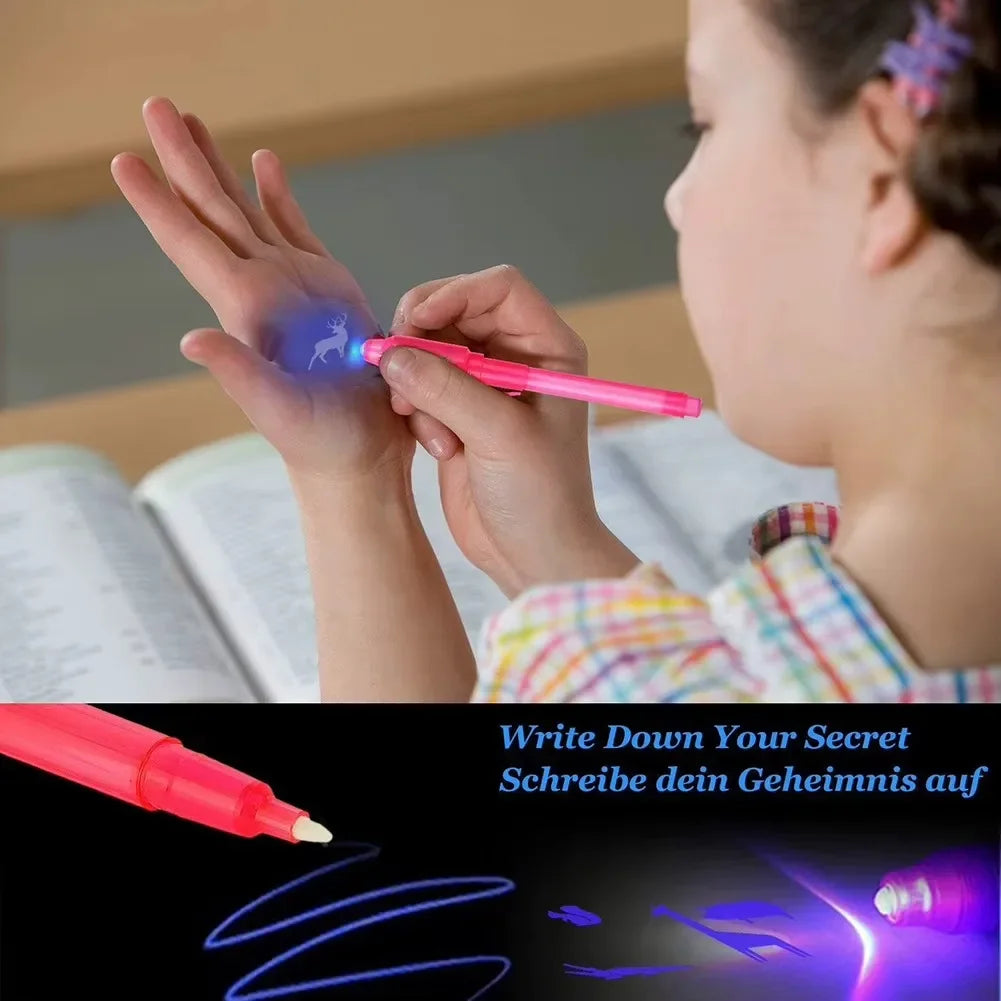 A child uses an invisible ink spy pen with a UV light to write a secret message on paper.