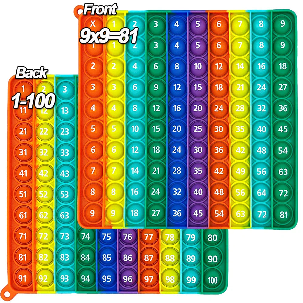 A set of colorful multiplication pop-it math fidget toys showing numbers 1 through 100 arranged in a grid format.