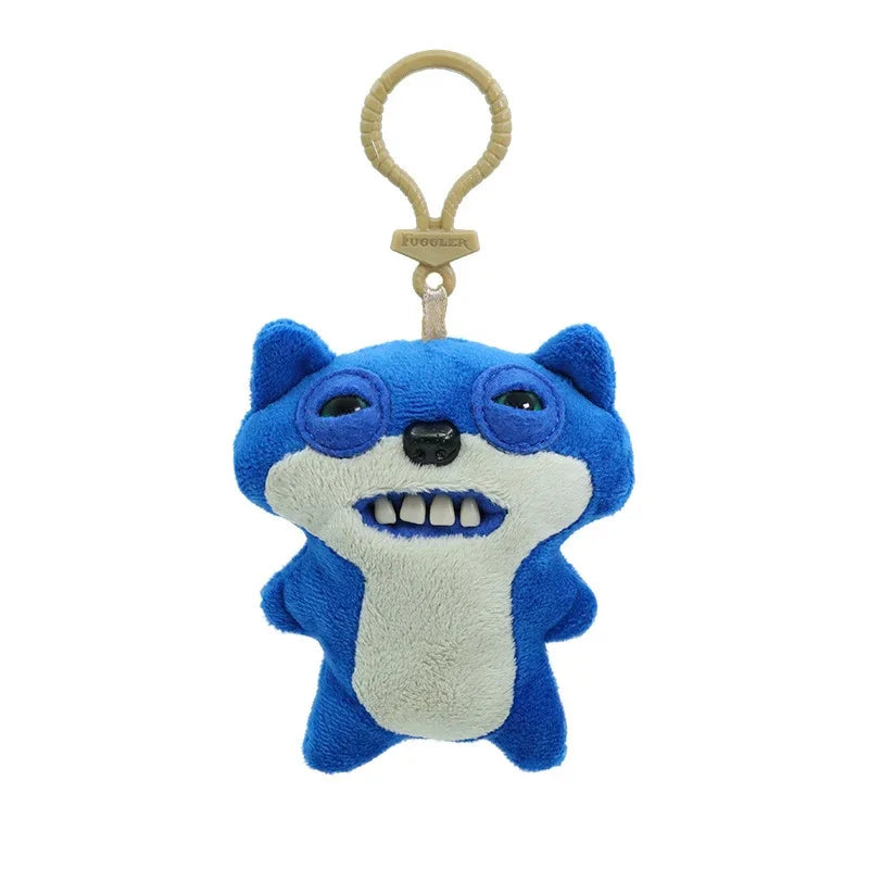 A blue and gray plush monster keychain featuring a rabbit design with an open mouth.