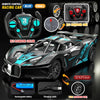 A black and blue remote control racing car with wheels, battery, and charging cable shown in various views.
