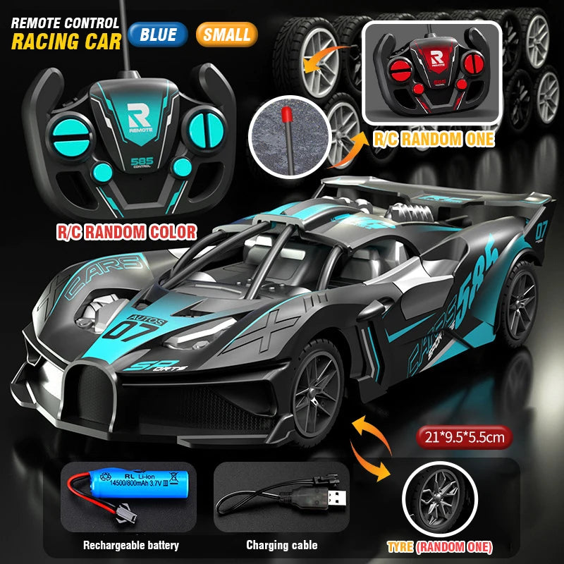 A black and blue remote control racing car with wheels, battery, and charging cable shown in various views.