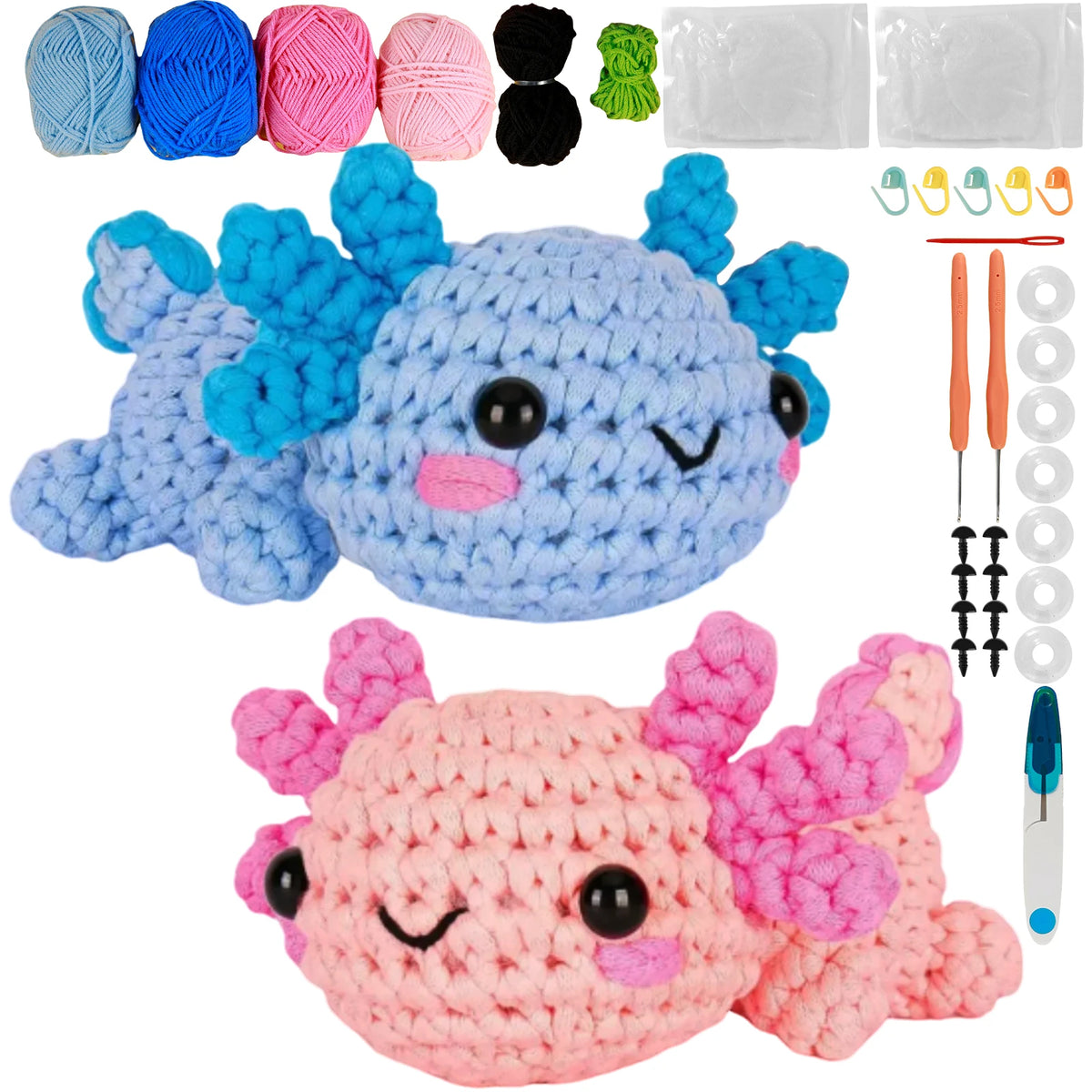 A beginner crochet kit featuring soft wool yarn and tools used to create adorable animal figures.