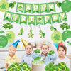 A birthday banner featuring green sea turtle plush toys and several children celebrating.