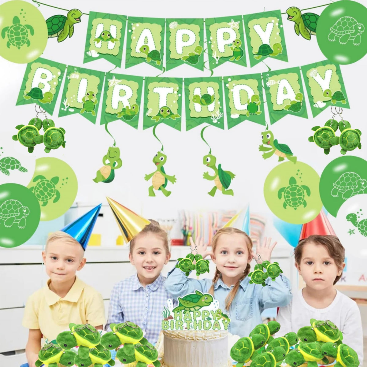 A birthday banner featuring green sea turtle plush toys and several children celebrating.