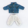 A denim jacket for a 1/12 scale doll, shown next to matching white knit pants.