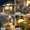 A collection of DIY wooden mini seaside villa dollhouse kits featuring a bedchamber, terrace, summerhouse, and piano.