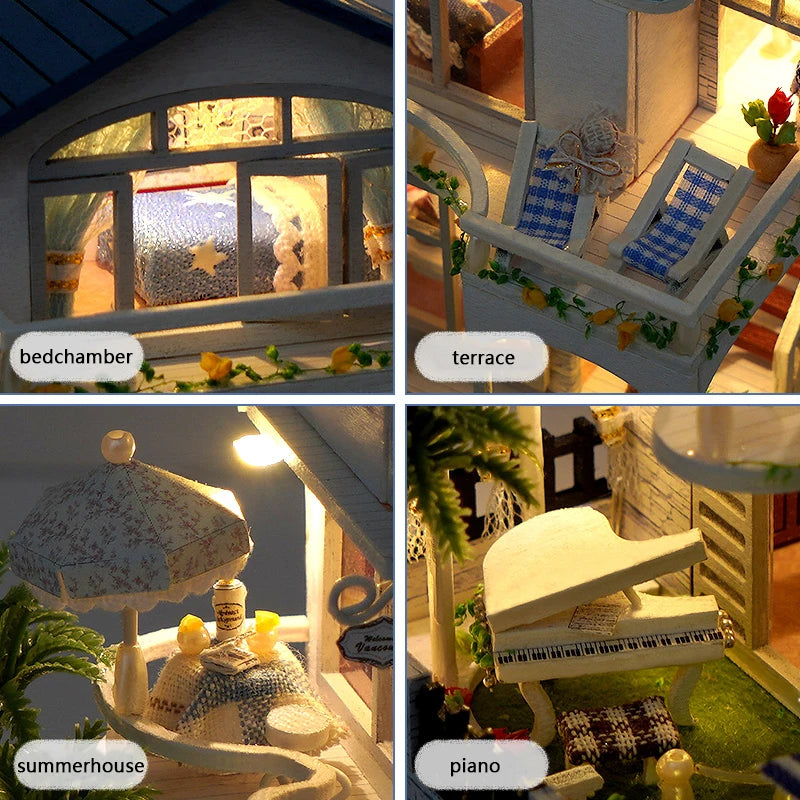 A collection of DIY wooden mini seaside villa dollhouse kits featuring a bedchamber, terrace, summerhouse, and piano.