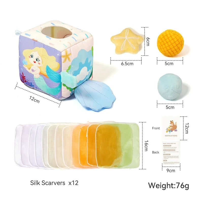 A set of 12 silk scarvers and various sized fabric pieces are shown next to a tissue box for sensory play.