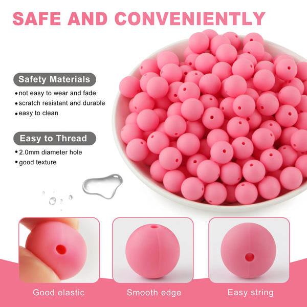 A bowl filled with pink silicone round beads used for jewelry making, showing various features like good elastic and smooth e