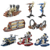 A set of military combat unit building blocks featuring robots, a transport warship, and various combat units.
