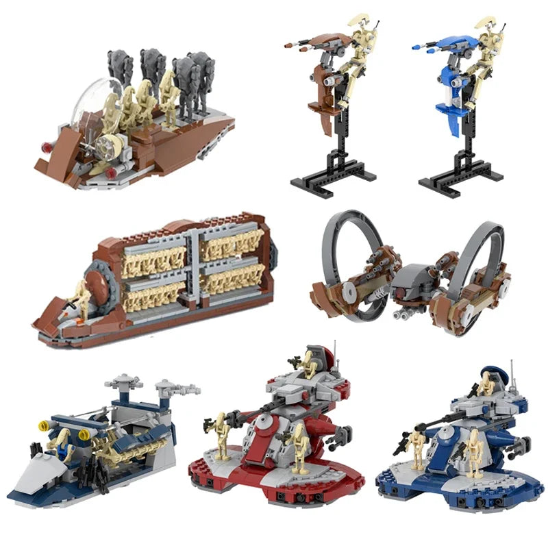 A set of military combat unit building blocks featuring robots, a transport warship, and various combat units.