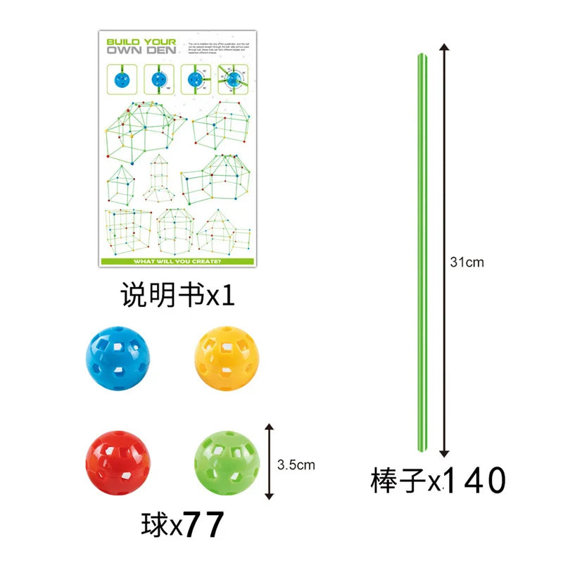 A set of building blocks and a tent structure for children, including various shapes and colored balls.