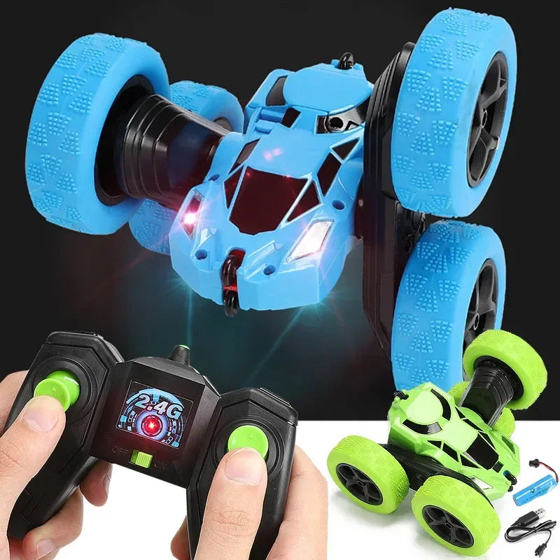 A blue RC car with large tires and LED lights is shown alongside its remote control transmitter.