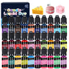 A collection of dark glass bottles filled with vibrant liquid candle dye pigments in various colors like violet, black, brown