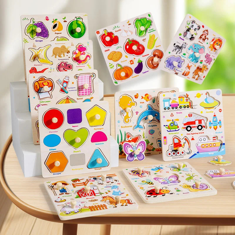 Toddler Wooden Puzzle Set - Animal, Traffic & Fruit Theme - Montessori Learning Toy