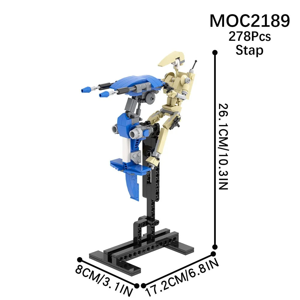 A yellow and blue military combat unit building block set featuring a robot platoon and transport warship.