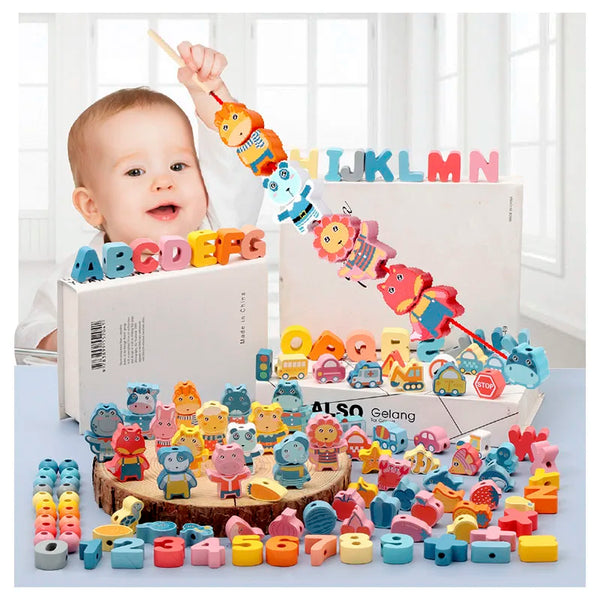 A baby is shown interacting with wooden lacing beads for kids Montessori training, surrounded by various colored wooden beads