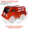 A red flashing light fire engine toy car with white stripes and wheels.