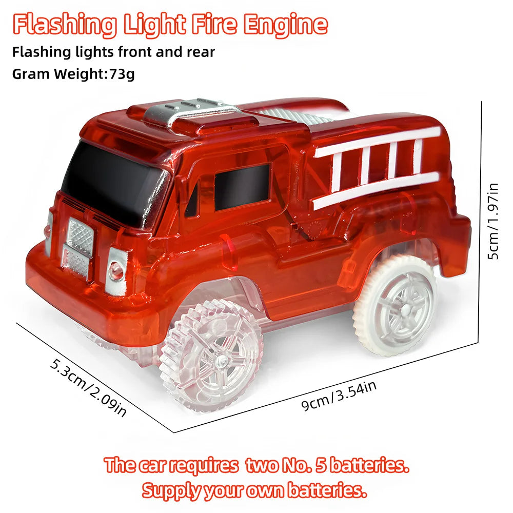 A red flashing light fire engine toy car with white stripes and wheels.