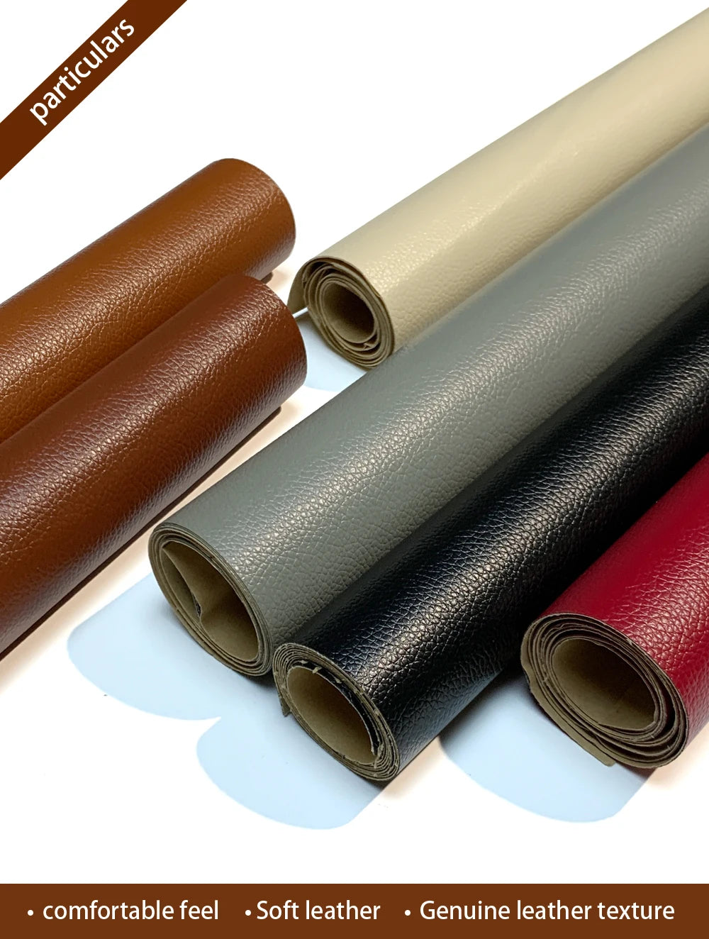 Rolls of brown, beige, gray, and red PU leather for self-adhesive repair patches