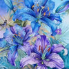 Vibrant watercolor painting of blue and purple lily flowers with green foliage against a bright blue sky.