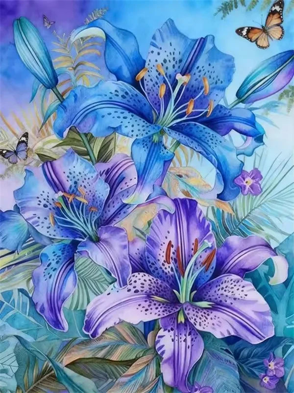 Vibrant watercolor painting of blue and purple lily flowers with green foliage against a bright blue sky.
