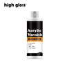 A bottle of Acrylic Varnish with a clear liquid inside and a white cap, labeled high gloss.
