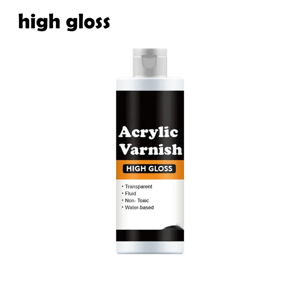 A bottle of Acrylic Varnish with a clear liquid inside and a white cap, labeled high gloss.