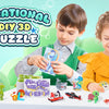 A boy and a girl are assembling a colorful 3D puzzle set featuring animals, dinosaurs, insects, and vehicles.
