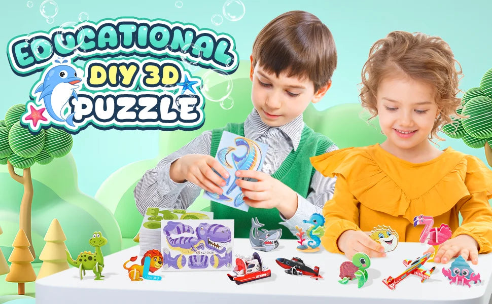A boy and a girl are assembling a colorful 3D puzzle set featuring animals, dinosaurs, insects, and vehicles.