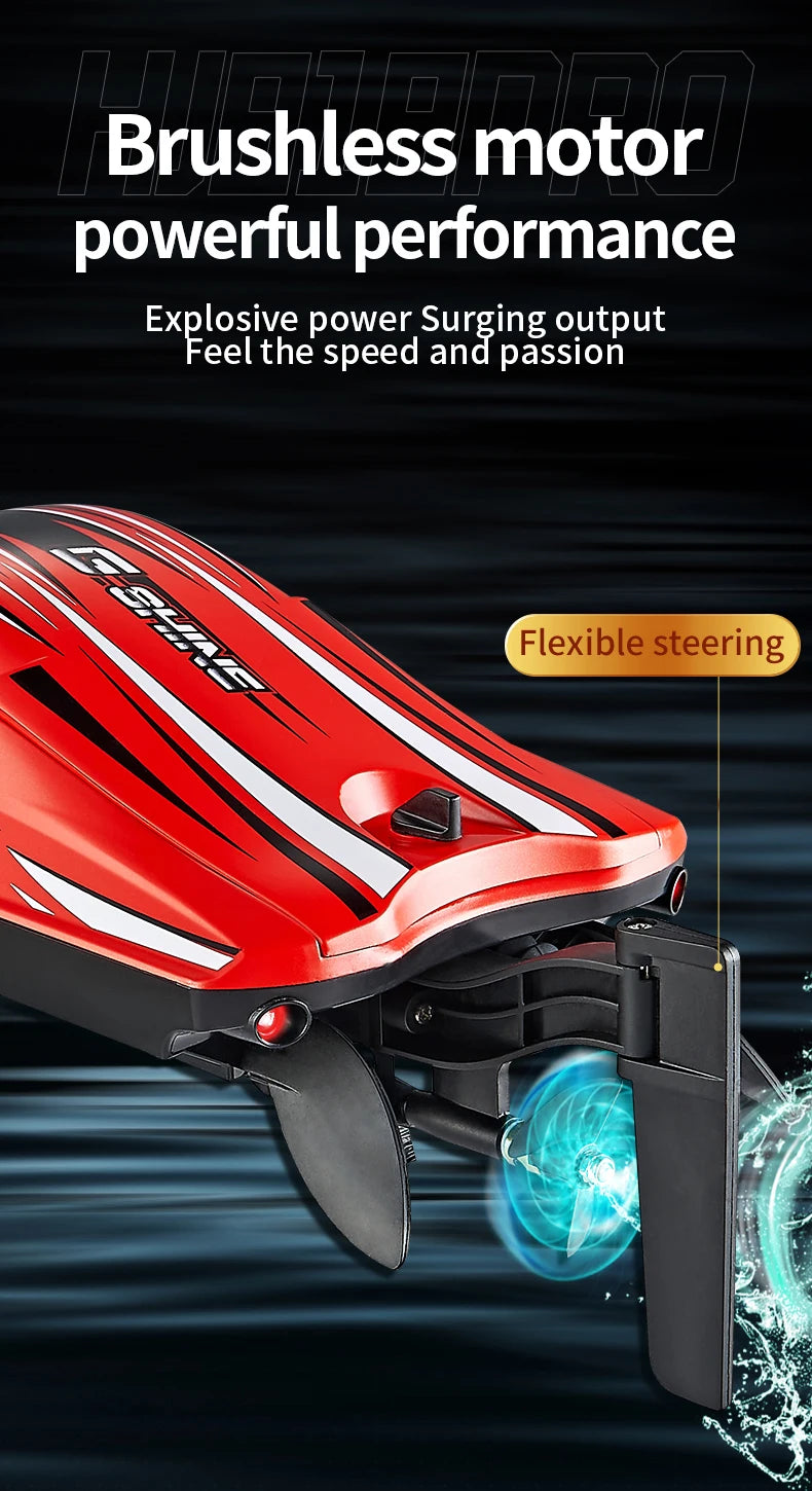 Close-up of a red brushless motor and flexible steering mechanism on an RC racing boat.