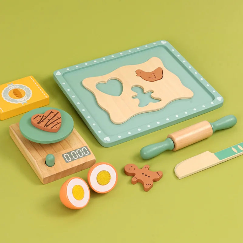 A wooden pretend play tea party set featuring a green tray, wooden food shapes, and a yellow box on a light green background.