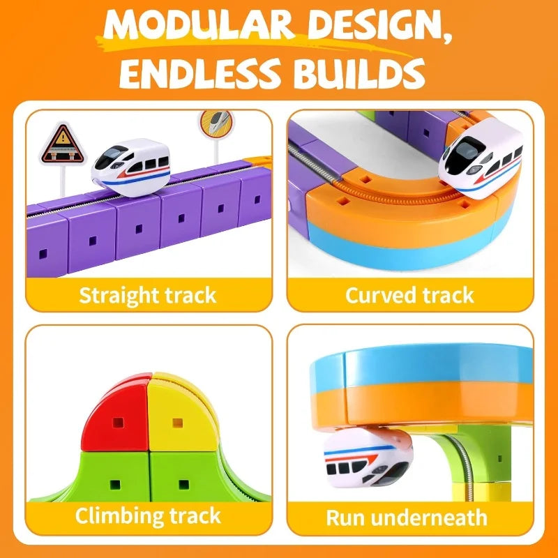 Modular design train set featuring straight, curved, climbing, and run underneath tracks in purple, orange, and green.