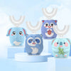 A set of four cute animal-themed U-shaped electric toothbrushes with timers and blue light in various pastel colors.